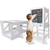 YOLEO 2 in 1 Lernturm Kinder Tritthocker mit Sicherheitsstange, klappbarer Lernstuhl, Kinderhocker mit magnetischer Tafel, rutschfestem Fußpolster, Kinderschemel für Küchen-/Badezimmerhelfer, Weiß