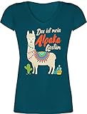 Karneval & Fasching Kostüm Outfit - Das ist Mein Alpaka Kostüm - L - Türkis - Fasching kostüm Damen lama - XO1525 - Damen T-Shirt mit V