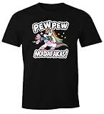 MoonWorks® Herren T-Shirt Pew Pew Madafakas böses Einhorn Regenbogen Unicorn Fun-Shirt Spruch lustig schwarz M