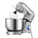 Aucma Küchenmaschine 1400W mit 6,2L Edelstahl-Rühlschüssel, Rührbesen, Knethaken, Schlagbesen und Spritzschutz, 6 Geschwindigkeit Geräuschlos Teigmaschine (Silber)