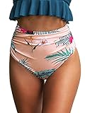 CUPSHE Damen Bikinihose High Waist Bauchweg Bikini Badehose Raffungen Tropenmuster Bikini Slip Mehrfarbig M