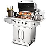 DMS® Gasgrill Edelstahl Grillwagen BBQ Grill Grillstation 4 Brenner + Seitenbrenner + Drehspieß Garten Grill Grillwagen Seitenablage Thermometer Gasgrillwagen 5-11 KG Gasflasche Piezozündung