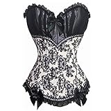 Überbrust Korsett für Damen Klassische Schnürung Atmungsaktiv Body Shaper Vintage Trim Bustier Top für Halloween Kostüm, schwarz / weiß, 48