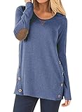 NICIAS Damen Seitliche Tasten Langarmshirt Pullover Lässige Rundhals Sweatshirt Ellenbogen Gepatcht Hemd Lose T Shirt Blusen Tunika Top(Blau, XXL)