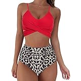 LSEEKA Damen-Bikini-Set in Übergröße mit gepolstertem Push-Up-Push-Up, hoher Schnitt, Strandmode, zweiteilig, einfarbig, Kreuzriemen, Bademode, Oberteil, hohe Taille, rot, L