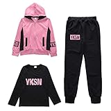 L PATTERN Kinder Mädchen 3tlg Jogginganzug Trainingsanzug Sportanzug Freizeitanzug Outfit-Set Bekleidungsset Zweiteiler(Sweatshirt+Sweathose+T-Shirt), Rose, 134-140