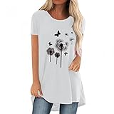 Yoofeiduoduo Damen Tunika Top Langarm Oberteile Löwenzahn Lang Pullover Kurzarm Shirt Lose Bluse T Shirt Pusteblume Bedruckte Kurzarm Casual Tops Elegant T-Shirt Rundhals Sweatshirt für F