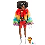 Barbie GVR04 - Extra Puppe #1, kuscheliger Regenbogen-Mantel mit Pudel, brünetten Afro-Puffs und geflochtenen Zöpfen, mehrschichtigem Outfit,bewegliche Gelenke, Geschenk für Kinder ab 3 J
