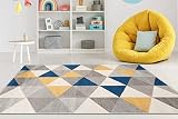 Carpeto Rugs Teppich Wohnzimmer Kurzflor Grau Modern Geometrisch Rauten Muster - Niedrigflor Teppich für Wohnzimmer Jugenzimmer Kinderzimmer/Öko-Tex Pastell Grau Gelb Blau 140 x 190