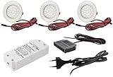 JungesLicht Einbauleuchte 3er Set Möbel Einbaustrahler Tim edelstahl gebuerstet inkl. 12V DC 2W LED Leuchtmittel warmweiß 3000K (nur 10mm Einbautiefe) + 15Watt LED Trafo 4x AMP Anschlüsse (für Schränke, Vitrinen, Möbel, Decken uvm.)