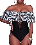 Tempt Me Sexy einteiliger Damen-Badeanzug mit Schnürung, gerüscht, schulterfrei, Volant, Bademode, Black Plaid, S