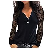 YANGQI Damen Reißverschluss Tiefer V-Ausschnitt Transparente Spitze Langärmeliges Elegantes Baumwoll-Mix-Panel-Oberteil Hemd Damen Elegant Langarm Cami S