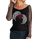 Damen Sweatshirt Modisches weißes Bohren T Shirt Pullover mit fünfzackigen Sternen und Pailletten Sexy schulterfreie Sling Shirts Durchsichtige Tunika Bluse mit Langen Ä