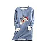 Dickes Fleece Sweatshirt Damen Weihnachtspullover mit Rentier Druck Plus Samt Oberteile Herbst Winter warme Unterwäsche Rundhals Langarm Basic Hemd Flauschig weiche Tunika Bluse Nachtwäsche Pyj