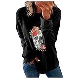 VICIKON Halloween Pulli Damen,Bluse Rundhals Teenager Mädchen Frauen Hemd Bluse Tops,Vintage Stil,Sweat Jacke Damen,Horror Print Frauen Halloween Hemd Langarm Basic Rundhals Lang