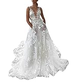 Abendkleider Damen Elegant V-Ausschnitt A-Linie Spitzenkleid Chiffon Lang Cocktailkleider Abschlussballkleid Partykleid Maxikleider Hochzeitskleid Prinzessin Tüll Spitze Hochzeitskleider Brautk