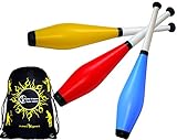 Juggle Dream TRAINER Jonglierkeulen 3er-Set (Blau/Rot/Gelb) Jonglier Keulen Training Set + Flames N Games Reisetasche! Große Jonglierkeule Set für Kinder & Erwachsene!