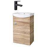Planetmöbel Badmöbel Set aus Waschbeckenunterschrank 45cm in Sonoma Eiche, Waschbecken und Armatur in Schwarz, Zeitloses B
