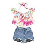 Briskorry Babykleidung Set Kleinkind Baby Mädchen Outfits Rüsche Kurzarm Schulterfrei Tie-Dye Top Jeans Hosen Shorts Stirnband 3 Stück Kleidung Babyset Bekleidungsset für Sommer Herb