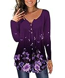 TUDOU Damen T-Shirt Langarm V-Ausschnitt Floral Knopfleiste Plissee Henley Bluse Casual Locker Blumen Tunika Tops(XL, lila)