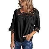 GDOV Übergroße Tunika Oberteile für Damen Lässig Elegant Halbe Ärmel Rüschen O-Ausschnitt Spitze Blumen Aushöhlen Lockere Passform T-Shirts Frauen Einfarbig Patchwork Basic Party Crop Top Bluse H