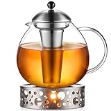 glastal 2000ml Silberne Teekanne mit Stövchen Teebereiter Glas und Edelstahl Teewärmer Teekanne S