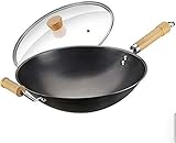 LIXIAOHONGG Wok Pfanne Edelstahl Wok Schwere Hand Hammered Carbon Steel Pow Wok Mit Holz Und Stahl Helper Griff, Ohne Beschichtung, Nicht R