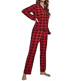 Damen Karierte Schlafanzug V-Ausschnitt Pyjama Plaid Pyjamahose Langarm Sleepwear Hose Hausanzug Freizeitanzug Nachtwäsche 2-Teiler Top