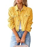 Eghunooye Damen Jeansjacke Reverskragen Kurz Lässig Denim Jacket mit Knöpfen Stretch Jacke Sommer Frühling Mantel Coat Outwear S M L XL XXL (Gelb, Medium)