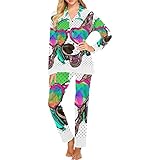 Pyjama-Sets für Frauen, Bunte Vektor Poster Hund auf T-Shirt weiche leichte Nachtwäsche-Set, Bequeme warme Loungew