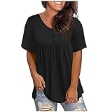 Damen-Knopfkragen Oberteil Plissee ausgestelltes Tops Plus-Size-Shirt Kurzarm-Sommertop Lässig Hemd Lose T-Shirt Elegant Blusen Einfarbig Tunika Sommershirts Basic Rundhals Freizeittop