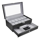 Uhrenbox -12 Gitter Mens Uhren Organizer,Doppelschicht-Design Schmuckbox,abschlie?bare Uhrenkasten mit Glasdeckel,PU Leder Schmuck Vitrine f¨¹r Aufbewahrung und Display