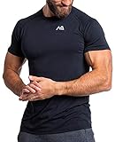 Herren Fitness T-Shirt modal - Männer Kurzarm Shirt für Gym & Training - Passform Slim-Fit, lang mit Rundhals, Schwarz, S