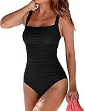 Brosloth Damen Badeanzug Tummy Control Monokinis Bauchweg Einteilige Bademode Swimwear Push Up Badeanzüge Plus Size Badebekleidung Schwarz EU36