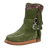 Xiand Stiefeletten Damen Ankle Boots Fransen Langschaft Winterschuhe Retro-Stil Quaste Reiterstiefel Schuhe Kniehohe Schuhe Runde Zehen Halblange Stiefel Winter und Herb