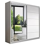 Schiebetürenschrank, eleganter Kleiderschrank Schrank Garderobe Spiegel Bono 05, Schlafzimmer- Wohnzimmerschrank Schiebetüren Modern Design (Weiß/Weiß)