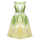 TiaoBug Mädchen Kinder Tiane Prinzessin Kostüm Kleider Satin Frosch und Prinzessin Cosplay Party Faschingskostüm Karneval Verkleidung Hellgrün&Gelb 128-140/8-10 J