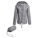 Damen Casual Langarm Rundhals Packable Outdoor-Kleidung Loose Fit Einfarbig Windbreaker Regenmantel Slim Fashion Style Regenfest Kapuze Verstellbarer Kordelzug, grau, 38