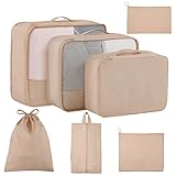 Koffer Organizer 7 Set,Packing Cubes Gepäck Packwürfel Organizer mit Schuhbeutel und Kulturbeutel (Beige)