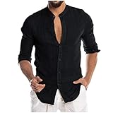 Julhold Hippie Shirts für Herren Langarm Alltagsbluse Casual Slim Fit Basic Henley T-Shirt Strand Yoga Einfarbige Oberteile(Schwarz,XXL)