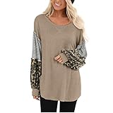 TYTUOO Damen Leopard Print Pullover Langarm Spleißen Gestreift Casual Rundhals Tops Patchwork Bluse Gr. M, khak