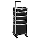 SONGMICS Kosmetikkoffer, professioneller Make-up Koffer, 4-in-1 Schminkkoffer für Reisen, großer Trolley für Friseure, abschließbar, mit um 360° drehbaren Universalrollen, schwarz JHZ11B