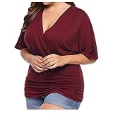 Wave166 Damen Kurzarm Oberteil Tops Mode V-Ausschnitt Hemd Einzigartige Designs Bluse Plus Size Einfarbig Elegant Shirts Schlank Typ Tops Sw