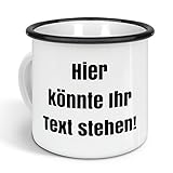 printplanet - Emaille-Tasse mit eigenem Text Bedrucken Lassen - Blechtasse Personalisieren – Nostalgie-Becher mit eigenem Spruch, Farbe Schwarz, 300