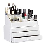 Relaxdays Make Up Organizer klein, 2-teilige Schminkaufbewahrung mit 3 Schubladen, stapelbares Kosmetikregal, weiß