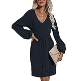 Herbst Und Winter Casual Fashion Damen V-Ausschnitt Einfarbig Laterne Langarm Krawatte Taille Lose Absicherung Kurze Tasche HüFtkleid D
