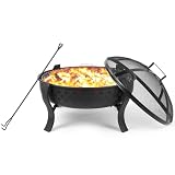 Garten Feuerschale mit Funkenschutz Outdoor Feuerschale mit Poker und Grill Vakuum-ausgehöhltes Design zum Heizen und Grillen Ø64 * 49