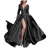 Kleid Damen Elegante Maxikleid Sexy Spitze Abendkleid Schlitz Partykleid Bankett Party Abschluss Brautjunfer Abendkleider Plissee Kurzarm Cocktailkleid Langes V-Ausschnitt Off Shoulder Rockschw