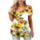 Damen Blumendruck V-Ausschnitt Casual Lose Kurzarm T-Shirt Bluse Street Style Vintage Allgleiches Fashion T-Shirt XXL