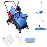 Hypafol Putzwagen Reinigungswagen Set | 2 x 25 l Eimer mit Wischmopp-Presse und Kehrgarnitur | inkl. 2x 50cm Baumwoll Wischmopp, 1x Mikrofaser-Mopp | je 4 Mikrofasertücher in rot, gelb, grün, b